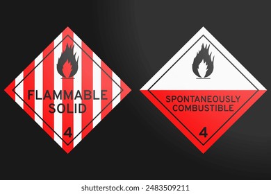 DG - Clases 4.1 y 4.2: Ilustración vectorial de señales que indiquen sólidos inflamables y materiales espontáneamente combustibles sobre fondo negro