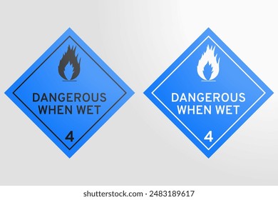 DG - Clase 4.3: Ilustración vectorial de señales azules que indican mercancías peligrosas cuando están mojadas sobre un fondo gris