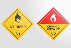 DG - Class 5.1 and 5.2: vector illustration of yellow signs indicating the goods of oxidizing agents and organic peroxides