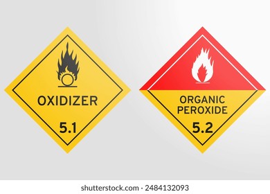 DG - Clases 5.1 y 5.2: Ilustración vectorial de signos amarillos que indican las mercancías de agentes oxidantes y peróxidos orgánicos