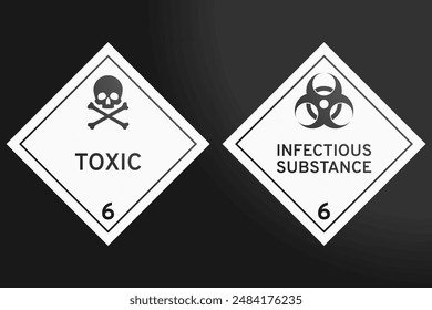 DG - Class 6.1 and 6.2: vector illustration of white signs indicating goods toxic substances and biohazards on a black background