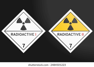 DG - Class 7.1 and 7.2: vector illustration of white signs indicating radioactive goods on a black background