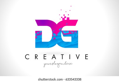 DG D G Letter Logo with Broken Shattered Blue Pink Triangles Texture Design Vector Illustration.
