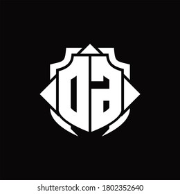 Monograma del logotipo DG con línea de protección y plantilla de diseño de 3 flechas sobre fondo negro