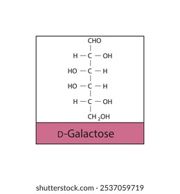 D-Galactose skeletal structure diagram.Sugar compound molecule scientific illustration.