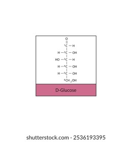 D-Glucose (straight chain form) skeletal structure diagram.Sugar compound molecule scientific illustration.