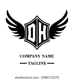 DH A bold winged shield emblem with customizable initials A-Z. Sleek black-and-white vector, perfect for branding, sports teams, motorcycle clubs, gaming,apparel and High-quality
