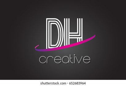 DH D H Letter Logo with Lines Design And Purple Swoosh Vector Letters Illustration.