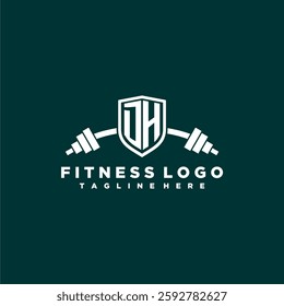 DH initial monogram for fitnes or gym logo with creative shield and barbell design