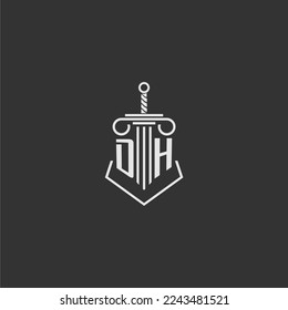 DH firma de ley de monograma inicial con diseño de logo de espada y pilar
