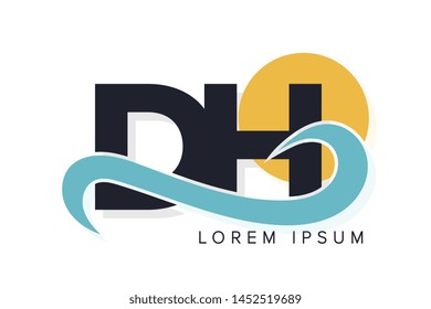 DH letter logo with ocean waves and sunset. Beach concept design