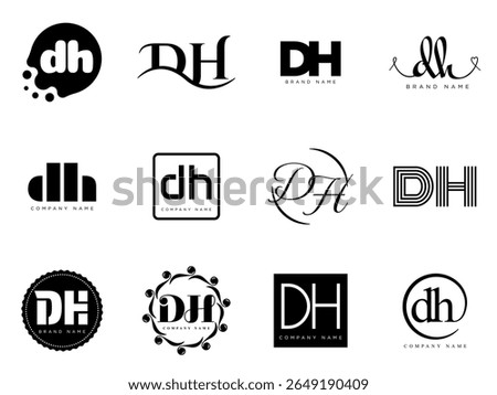 DH logo company template. Letter d and h logotype. Set different classic serif lettering and modern bold text with design elements. Initial font typography. Collection trendy business identity.