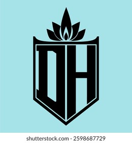 DH Logo featuring a minimalist design with a crown-like flower symbol on top, bold black elements, and a soft blue background, perfect for branding and modern visual identity.