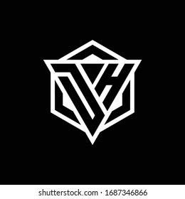 DH logo monogram with triangle and hexagon shape combination isolated on back and white colors