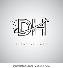 Logotipo de Monograma de Órbita DH - Marca de Letra Mínima Futurista com Linha de Arte Circular, Pontos Inspirados na Tecnologia e Conceito de Movimento Espacial para Identidade de Marca Moderna
