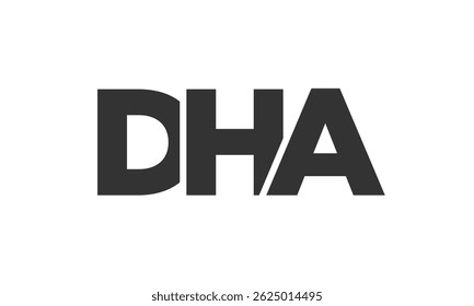DHA logo design template with strong and modern bold text. Initial based vector logotype featuring simple and minimal typography. Trendy company identity ideal for businesses brand presence.