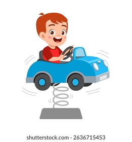 d-haired boy driving a blue toy car with a spring and smiling cheerfully