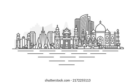 Dhaka, Bangladesh architecture line skyline illustration. Linear vector cityscape with famous landmarks, city sights, design icons. Landscape with editable strokes.