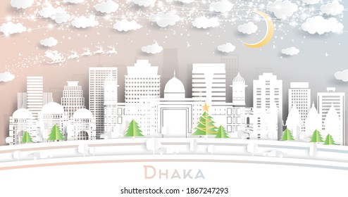 Dhaka Bangladesh City Skyline in Paper Cut Style with Snowflakes, Moon and Neon Garland. Vector Illustration. Christmas and New Year Concept. Santa Claus on Sleigh.