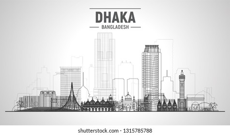 Dhaka Bangladesh Line Skyline With Panorama In White Background. Vector Illustration. Business Travel And Tourism Concept With Modern Buildings. Image For Banner Or Web Site.