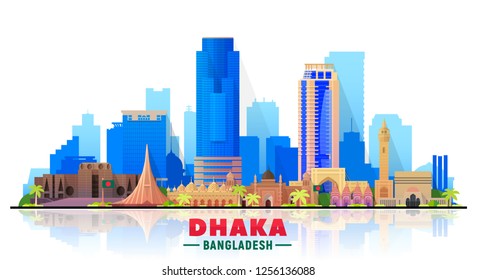 Dhaka Bangladesh Skyline With Panorama In White Background. Vector Illustration. Business Travel And Tourism Concept With Modern Buildings. Image For Banner Or Web Site.