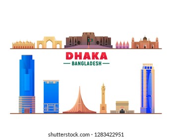 Dhaka City ( Bangladesh) Top Landmarks At White Background. Vector Illustration. Business Travel And Tourism Concept With Modern Buildings. Image For Banner Or Web Site.