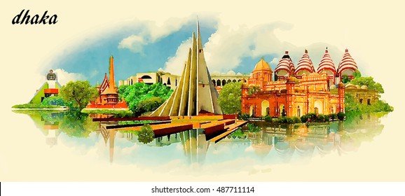 DHAKA city panoramic vector water color illustration