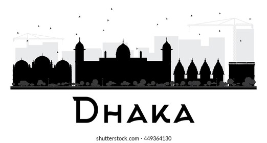 Dhaka City skyline black and white silhouette. Vector illustration. Simple flat concept for tourism presentation, banner, placard or web site. Business travel concept. Cityscape with landmarks