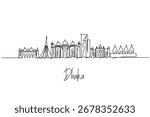 Dhaka city skyline continuous line drawing capturing National Martyrs Memorial, Lalbagh Fort, Ahsan Manzil and Jatiyo Sangsad Bhaban, a cityscape concept for Bangladesh travel theme and architecture.
