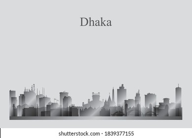 Dhaka city skyline silhouette in a grayscale vector illustration