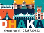 Dhaka culture travel set, Bangladesh famous architectures and specialties in flat design. Business travel and tourism concept clipart. Image for presentation, banner, website, advert, flyer, roadmap