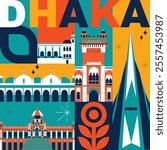 Dhaka culture travel set, Bangladesh famous architectures and specialties in flat design. Business travel and tourism concept clipart. Image for presentation, banner, website, advert, flyer, roadmap