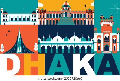 Conjunto de viagens para a cultura de Daca, Bangladesh arquiteturas famosas e especialidades em design de chapas. Viagens de negócios e conceito de turismo clipart. Imagem para apresentação, banner, website, anúncio, folheto, roteiro