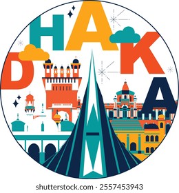 Dhaka culture travel set, Bangladesh famous architectures and specialties in flat design. Business travel and tourism concept clipart. Image for presentation, banner, website, advert, flyer, roadmap