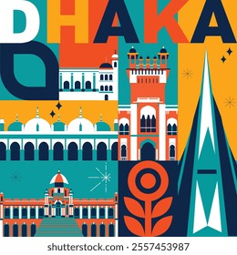 Dhaka culture travel set, Bangladesh famous architectures and specialties in flat design. Business travel and tourism concept clipart. Image for presentation, banner, website, advert, flyer, roadmap