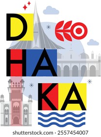 Dhaka culture travel set, Bangladesh famous architectures and specialties in flat design. Business travel and tourism concept clipart. Image for presentation, banner, website, advert, flyer, roadmap