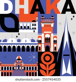 Dhaka culture travel set, Bangladesh famous architectures and specialties in flat design. Business travel and tourism concept clipart. Image for presentation, banner, website, advert, flyer, roadmap