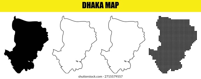Dhaka map collection with geometric shapes and outline. Dhaka country map suitable for infographic presentations and educational materials. Dhaka dotted map and silhouette.