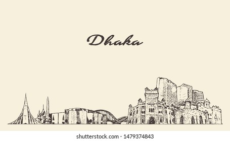 Dhaka skyline, Bangladesh, hand drawn vector illustration, sketch