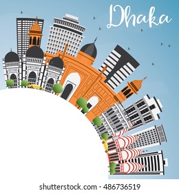 Dhaka Skyline with Gray Buildings, Blue Sky and Copy Space. Vector Illustration. Business Travel and Tourism Concept with Historic Buildings. Image for Presentation Banner Placard and Web Site.