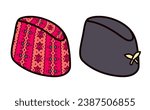 Dhaka topi and Bhaad-gaaule topi, traditional Nepalese hat. Bright Dhaka pattern and black cap with kukri sword badge. Vector illustration.