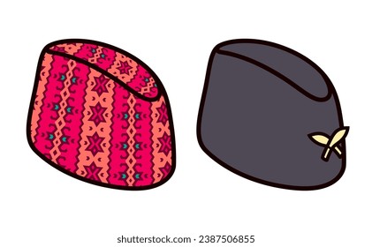 Dhaka topi and Bhaad-gaaule topi, traditional Nepalese hat. Bright Dhaka pattern and black cap with kukri sword badge. Vector illustration.