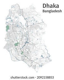 Dhaka vector map. Detailed map of Dhaka city administrative area. Cityscape panorama. Royalty free vector illustration. Outline map with highways, streets, rivers. Tourist decorative street map.