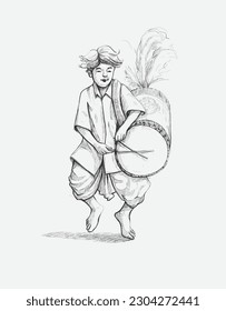 Dhaki the traditional bengali drummer in  Durga Puja and pohela boishakh. Pencil drawing 2d vector illustration in white background.