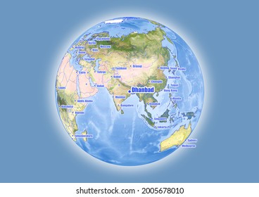 Dhanbad-India is shown on vector globe map. The map shows Dhanbad-India 's location in the world.