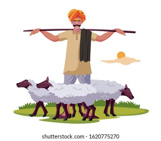 Dhangar, indian shepherd with sheep vector illustration