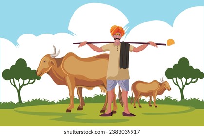 Dhangar, rabari man with the herd of cows, cattles in traditional dress
