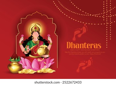 Celebração de Dhanteras com a Deusa Lakshmi em um lótus, simbolizando riqueza e prosperidade durante Dhanteras, um festival hindu significativo. Pegadas e elementos decorativos completam o design festivo.