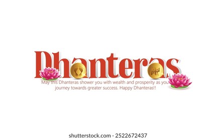 Celebração de Dhanteras com a Deusa Lakshmi em um lótus, simbolizando riqueza e prosperidade durante Dhanteras, um festival hindu significativo. Pegadas e elementos decorativos completam o design festivo.