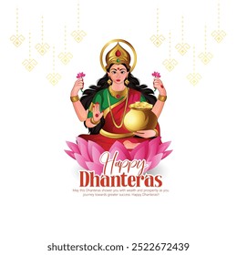 Celebração de Dhanteras com a Deusa Lakshmi em um lótus, simbolizando riqueza e prosperidade durante Dhanteras, um festival hindu significativo. Pegadas e elementos decorativos completam o design festivo.